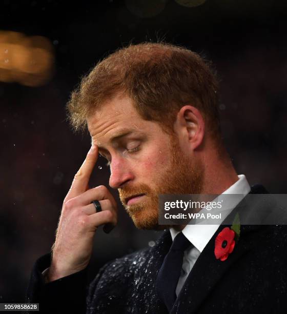 Prince Harry, Duke of Sussex is seen during a wreath-laying ceremony to commemorate 100 years since the end of the First World War, before the...