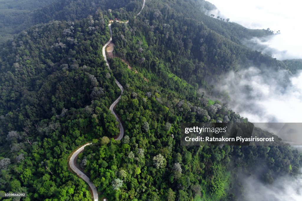 Aerial Drone High angle View of Mist ,Mountain and River