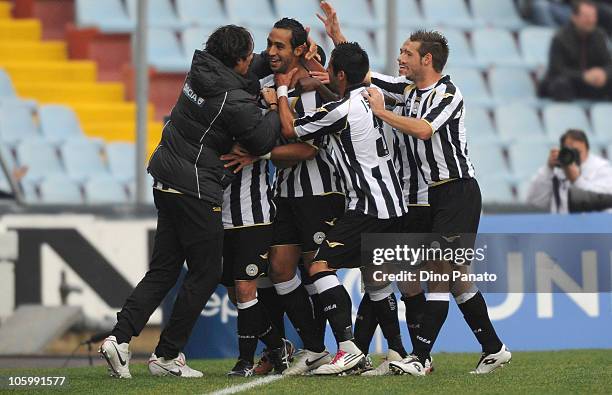 Amine Benatia of Udinese celebrates after scoring his first opening goal during the Serie A match between Udinese Calcio and US Citta di Palermo at...