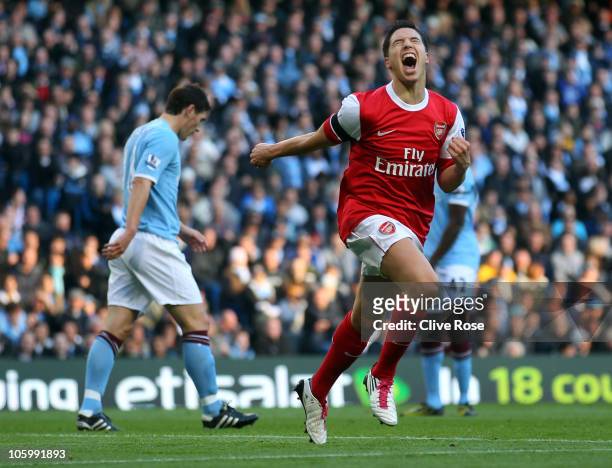 Samir Nasri of Arsenal celebrates his goal during the Barclays Premier League match between Manchester City and Arsenal at City of Manchester Stadium...
