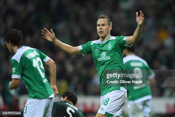 Niklas Moisander of SV Werder Bremen disappointed during the Bundesliga match between SV Werder Bremen and Borussia Moenchengladbach at Weserstadion...