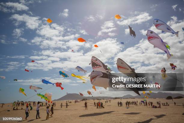 Kites fly as some 450 professional and amateur kitefliers from eight different countries meet on the beaches of the Corralejo Natural Park for the...