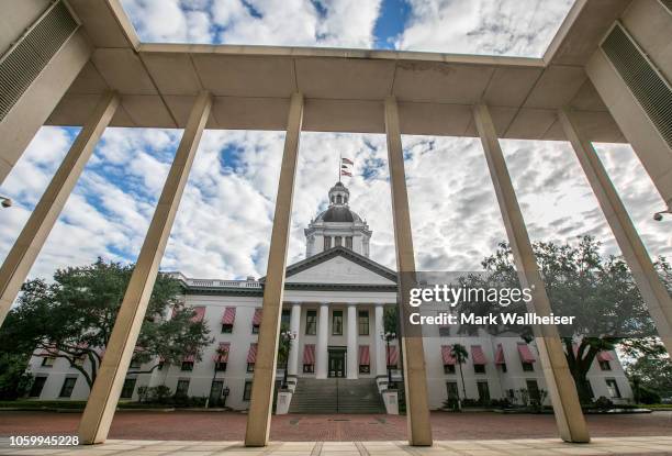 View of the historic Old Florida State Capitol building through the columns of the current New Capitol on November 10, 2018 in Tallahassee, Florida....