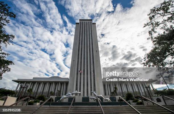 View of the Florida State Capitol building on November 10, 2018 in Tallahassee, Florida. Three close midtern election races for governor, senator,...