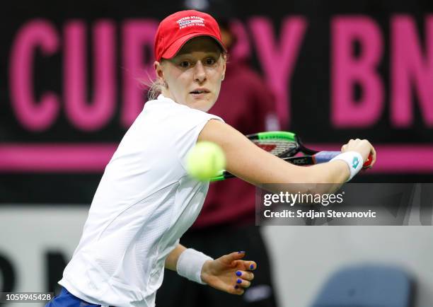 Alison Riske of USA returns the ball to Katerina Siniakova of Czech Republic during the Fed Cup Final between Czech Republic and USA at O2 Arena on...