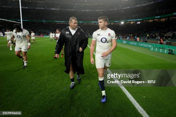 Co-Captains Dylan Hartley and Owen Farrell of England speak following the Quilter International match between England and New Zealand at Twickenham...