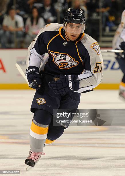 Francis Bouillon of the Nashville Predators skates against the Pittsburgh Penguins during an NHL game on October 21, 2010 at Bridgestone Arena in...