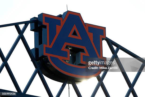 Photo of the Auburn University logo at the top of Jordan-Hare Stadium during the game between the Arkansas Razorbacks and the Auburn Tigers on...