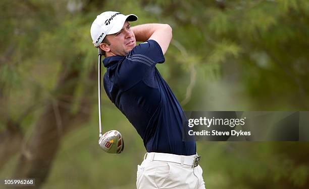 Martin Laird tees off on the 2nd hole during the final round of the Justin Timberlake Shriners Hospitals for Children Open at TPC Summerlin on...