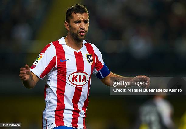 Simao Sabrosa of Atletico de Madrid reacts during the La Liga match between Villarreal and Atletico de Madrid at El Madrigal on October 24, 2010 in...