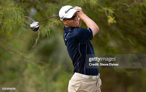 John Senden of Australia tees off on the second hole during the final round of the Justin Timberlake Shriners Hospitals for Children Open at TPC...