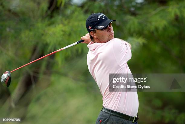 Cameron Beckman tees off on the second hole during the final round of the Justin Timberlake Shriners Hospitals for Children Open at TPC Sunderlin on...