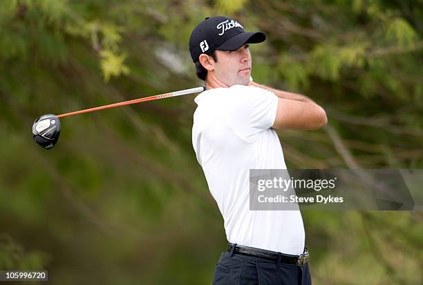 Cameron Tringale tees off on the second hole during the final round of the Justin Timberlake Shriners Hospitals for Children Open at TPC Sunderlin on...