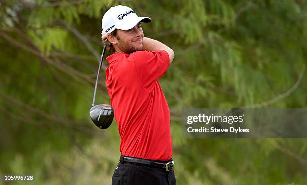 Spencer Levin tees off on the second hole during the final round of the Justin Timberlake Shriners Hospitals for Children Open at TPC Sunderlin on...