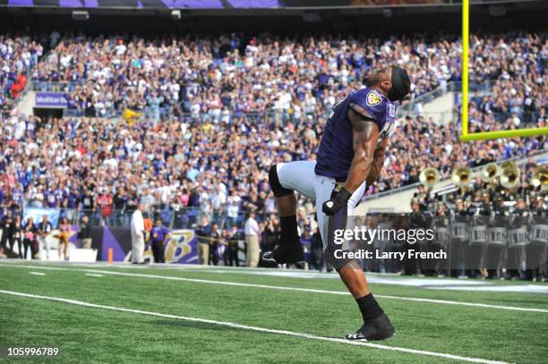 Ray Lewis of the Baltimore Ravens is introduced before the game against the Buffalo Bills at M&T Bank Stadium on October 24, 2010 in Baltimore,...