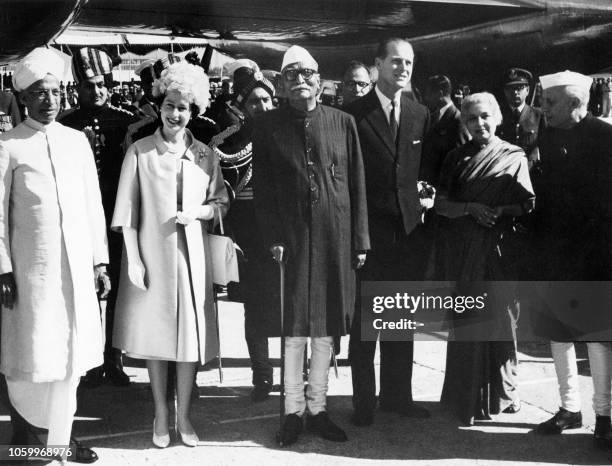 Britain's Queen Elizabeth II and Britain's Prince Philip, Duke of Edinburgh are welcomed by Vice President of India Sarvepalli Radhakrishnan ,...