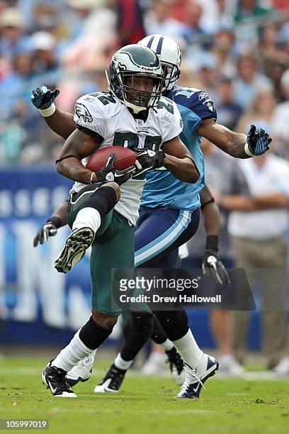 Cornerback Asante Samuel of the Philadelphia Eagles intercepts a pass during the game against the Tennessee Titans at LP Field on October 24, 2010 in...