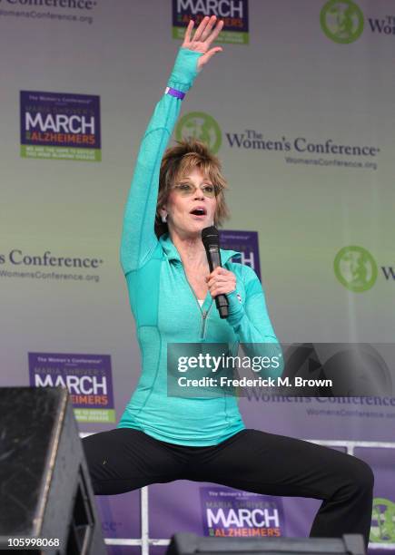 Actress Jane Fonda works out during Maria Shriver's Women's Conference at the Long Beach Convention Center on October 24, 2010 in Long Beach,...