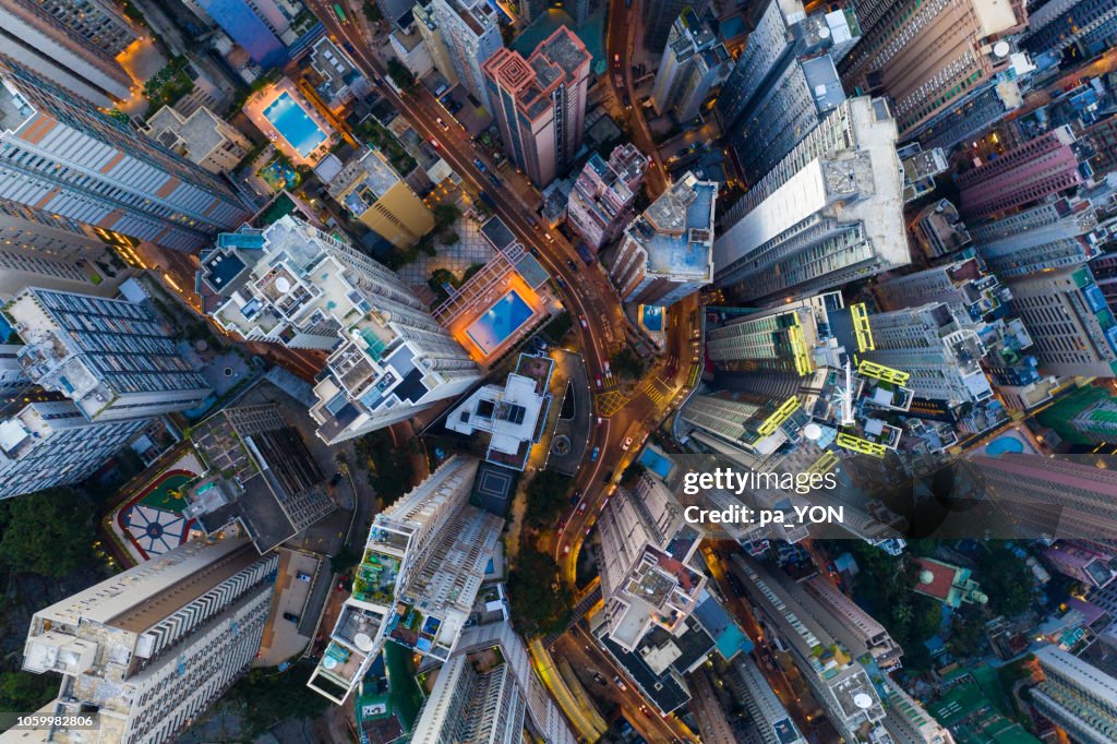 Hong Kong Aerial scene in night, with road and traffic