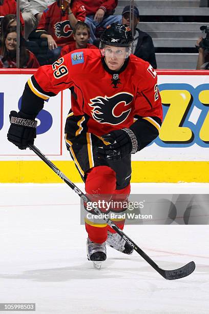 Brendan Mikkelson of the Calgary Flames skates against the San Jose Sharks on October 24, 2010 at the Scotiabank Saddledome in Calgary, Alberta,...