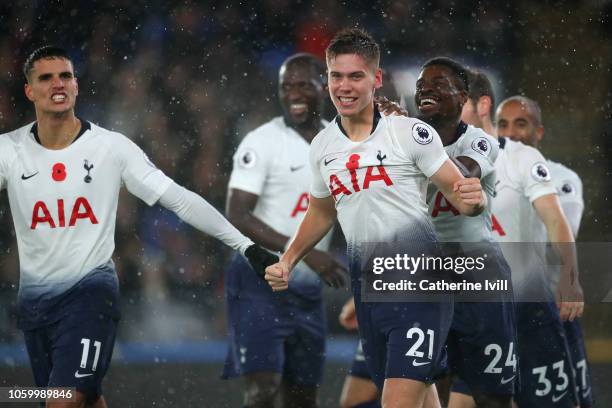 Juan Foyth of Tottenham Hotspur celebrates after scoring his team's first goal during the Premier League match between Crystal Palace and Tottenham...