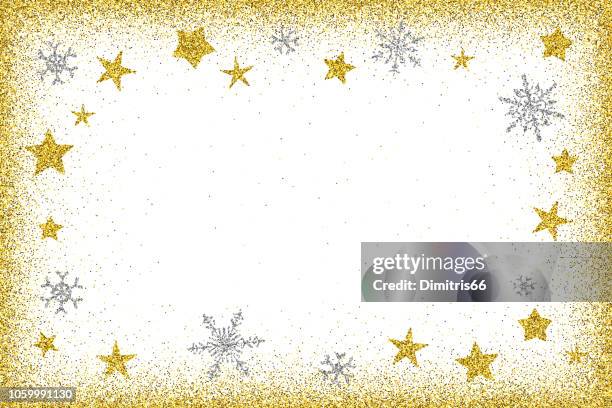 urlaub kartenvorlage - gold glitzer rahmen, sterne und schneeflocken - silver-glitter-white-background stock-grafiken, -clipart, -cartoons und -symbole