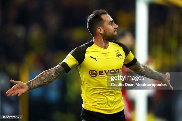 Paco Alcacer of Borussia Dortmund celebrates after scoring his team's third goal during the Bundesliga match between Borussia Dortmund and FC Bayern...