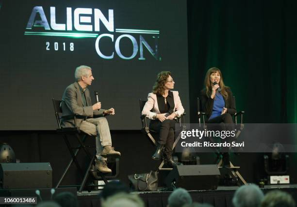 Nick Pope, Linda Moulton Howe and Caroline Cory speak onstage at the Ancient Aliens: Alien Encounters panel during day 2 of AlienCon Baltimore 2018...