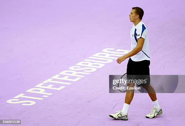 Mikhail Ledovskikh of Russia in action against Evgeny Donskoy on day two of the St. Petersburg Open 2010 at the Petersburgsky Sports Complex on...