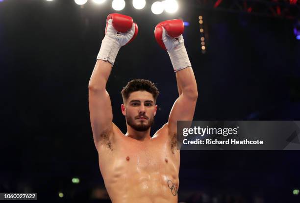 Josh Kelly of England celebrates victory over Walter Fabian Castillo of Argentina after the Welterweight Contest between Josh Kelly and Walter Fabian...