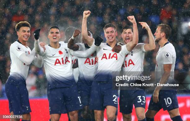 Juan Foyth of Tottenham Hotspur celebrates scoring this teams first goal during the Premier League match between Crystal Palace and Tottenham Hotspur...