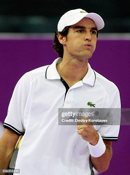 Jeremy Chardy of France reacts during day two of the International Tennis Tournamen St. Petersburg Open 2010 match against Mikhail Kukushkin of...