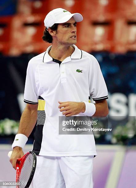 Jeremy Chardy of France reacts during day two of the International Tennis Tournamen St. Petersburg Open 2010 match against Mikhail Kukushkin of...