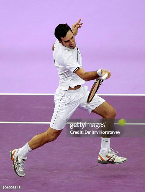 Mikhail Kukushkin of Kazakhstan in action against Jeremy Chardy of France during day two of the International Tennis Tournamen St. Petersburg Open...
