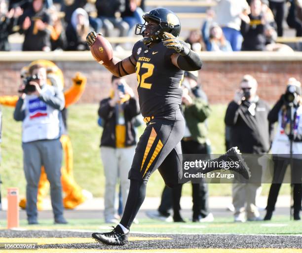 Tight end Daniel Parker of the Missouri Tigers runs for a touchdown against the Vanderbilt Commodores in the third quarter at Memorial Stadium on...