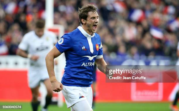Baptiste Serin of France celebrates scoring a penalty during the International Friendly match between France and South Africa at Stade de France on...