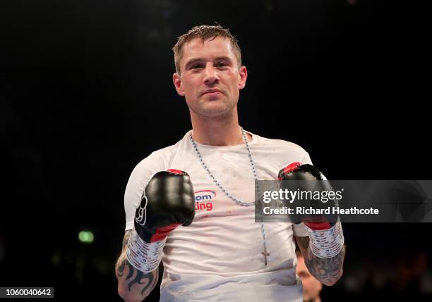 Ricky Burns of England celebrates victory over Scott Cardle of England after the Lightweight Contest between Ricky Burns and Scott Cardle at...