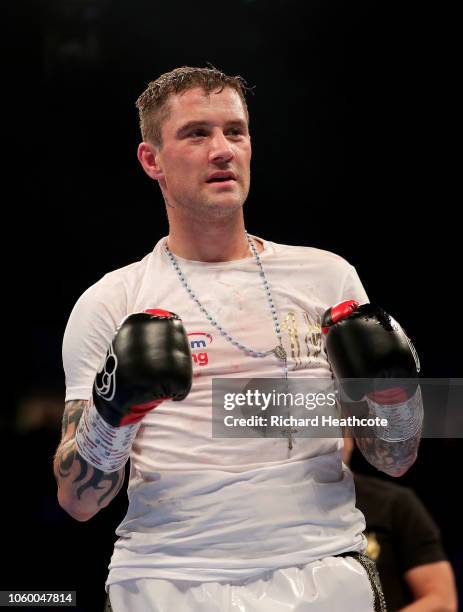 Ricky Burns of England celebrates victory over Scott Cardle of England after the Lightweight Contest between Ricky Burns and Scott Cardle at...