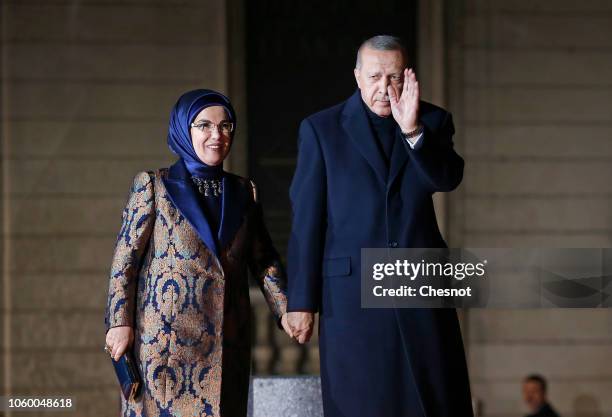 President of Turkey, Recep Tayyip Erdogan and his wife Emine Erdogan arrive to attend a dinner hosted by French President Emmanuel Macron at the...