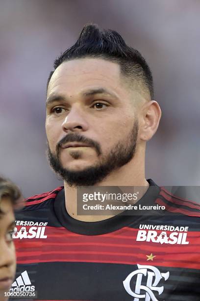 Para of Flamengo listens to the national anthem before the match between Botafogo and Flamengo as part of Brasileirao Series A 2018 at Engenhao...