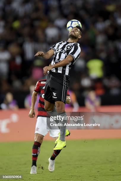 Brenner of Botafogo heads the ball during the match between Botafogo and Flamengo as part of Brasileirao Series A 2018 at Engenhao Stadium on...