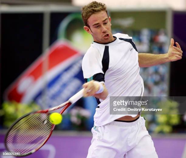 Filippo Volandri of Italy in action against Teymuraz Gabashvili of Russia during day two of the St. Petersburg Open 2010 at the Sports Complex...