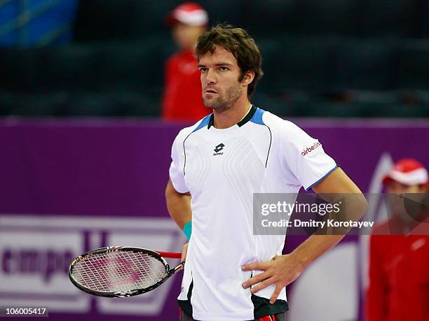 Teymuraz Gabashvili of Russia reacts against Filippo Volandri of Italy during day two of the St. Petersburg Open 2010 at the Sports Complex...