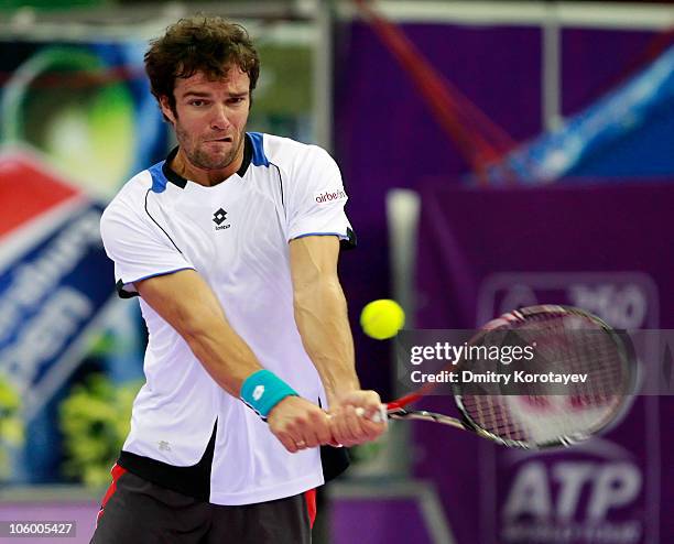 Teymuraz Gabashvili of Russia in action against Filippo Volandri of Italy during day two of the St. Petersburg Open 2010 at the Sports Complex...