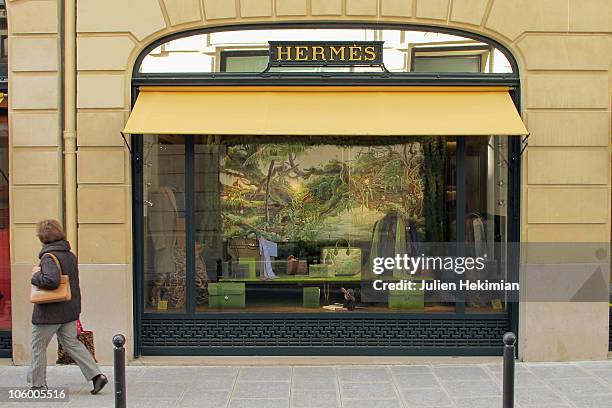 General view of the Hermes store, rue saint Honore on October 25, 2010 in Paris, France. LVMH has acquired a 17.1 percent stake in fashion group...