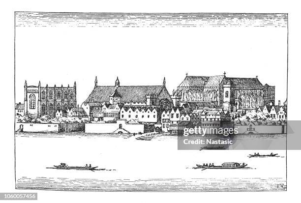 westminster mit dem parlamentsgebäude im vierzehnten jahrhundert - circa 14th century stock-grafiken, -clipart, -cartoons und -symbole