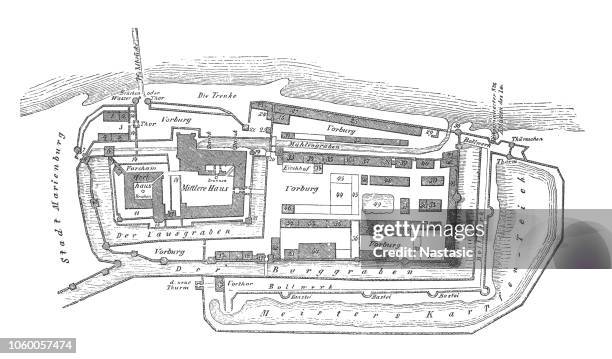 plan of marienburg castle is a gothic revival castle in lower saxony, germany - george v of great britain stock illustrations