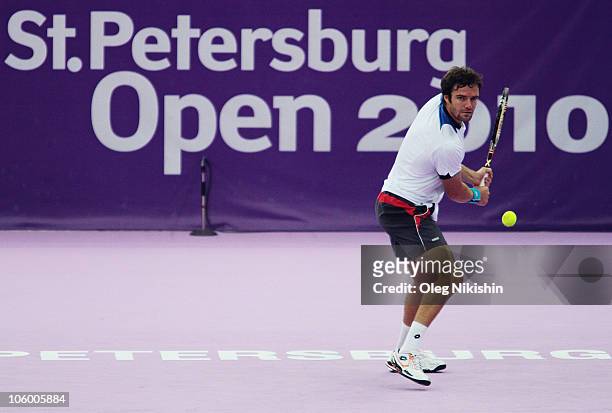 Teymuraz Gabashvili of Russia in action against Filippo Volandri of Italy during day two of the St. Petersburg Open 2010 at the Sports Complex...