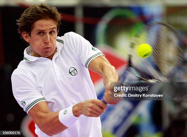 Igor Andreev of Russia in action against Michael Russell of USA during day two of the International Tennis Tournamen St. Petersburg Open 2010 at the...