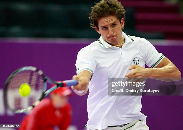 Igor Andreev of Russia in action against Michael Russell of USA during day two of the International Tennis Tournamen St. Petersburg Open 2010 at the...